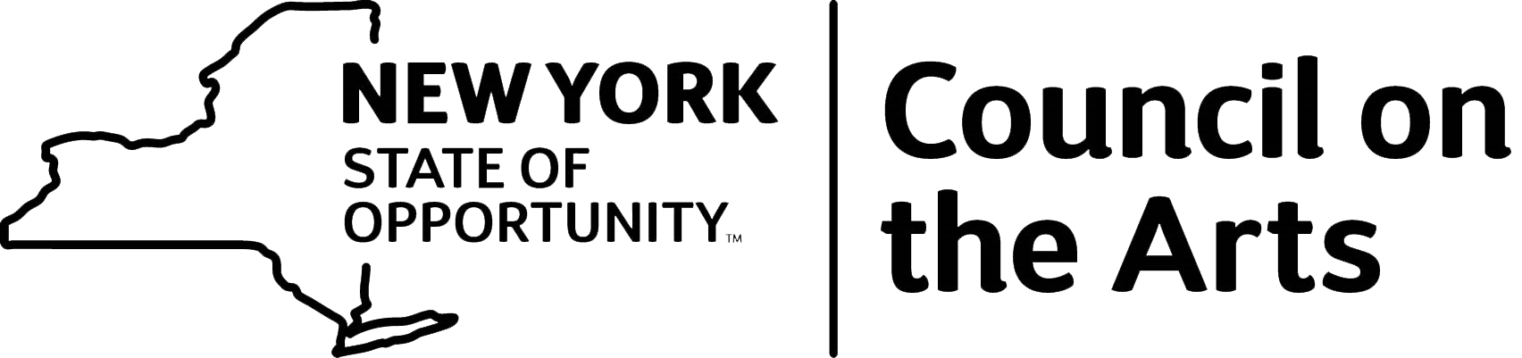 New York State of Opportunity over a black outline of the state of NY, combined with the words Council on the Arts in black sans-serif text