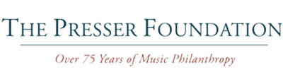 Blue serif type The Presser Foundation, underlined, with Over 75 Years of Music Philanthropy beneath it in brown serif type