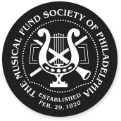 Musical Fund Society of Philadelphia established Feb 29, 1820 written in white text around a black circle containing a drawing of a lyre.