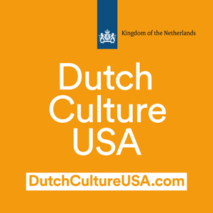 logo of Dutch Culture USA, white crown over blue rectangle with orange background
