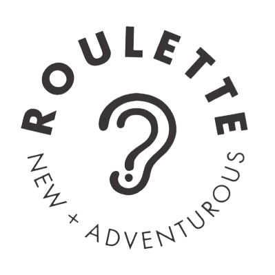 Roulette New + Adventurous in black sans-serif type in a circle around a drawing of an ear with a question mark inside of it